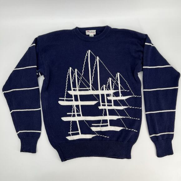 Parker of Vienna Other - Vtg Parker of Vienna Sweater Crew Neck Cotton Mens L Navy Blue White Nautical
